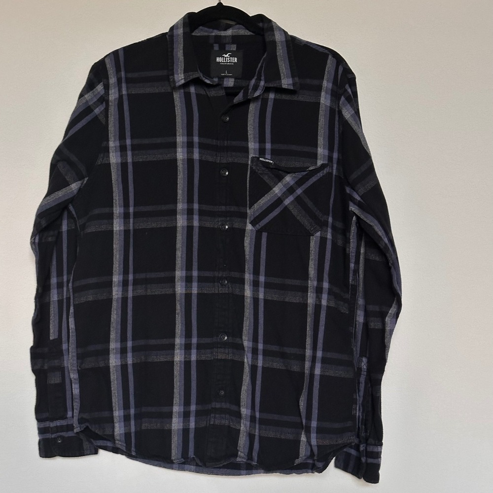 Hollister Mens Large Black Grey Blue Plaid Flannel Long Sleeve Button Up Shirt L